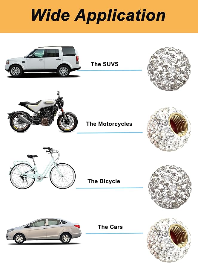Car Wheel Tire Valve 4 Pack Handmade Crystal Rhinestone Tire Valve Stem Air Caps Cover Bling Car Accessories (White)