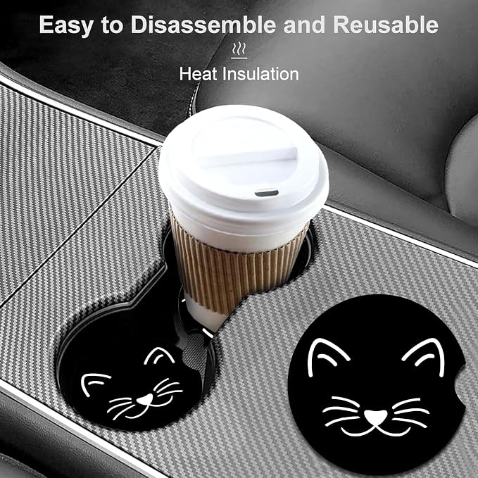 2 Pack Cat Car Cup Holder Coasters Universal Neoprene Coasters | 2.75" Universal Size Anti Slip Rubber Mat, Auto Cup Holder Accessories for SUV Truck, Cat Mom Gifts for Women Men