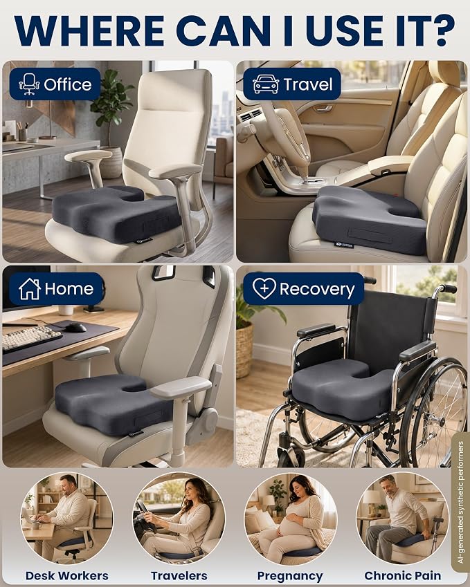 5 STARS UNITED Seat Cushion - Memory Foam Chair Cushion for Tailbone Pain Relief - Ergonomic Support for Coccyx, Sciatica & Butt - Office, Desk & Gaming Chair, Car Seat, Wheelchair, Airplane, D Gray