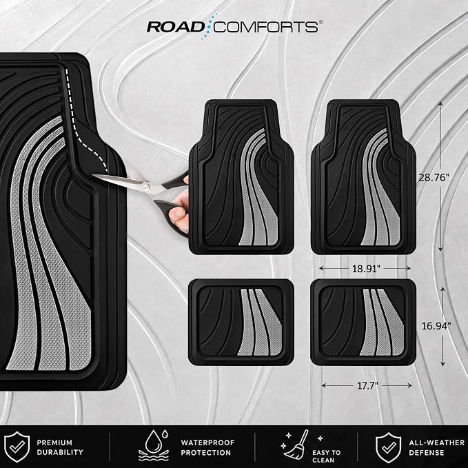 Road Comforts Car Floor Mats Full Set – Front & Rear Car Floor Mats with Aluminum Design, Anti-Slip Backing, All-Weather Protection, Trim-to-Fit Car Mats for Most Sedans, SUVs & Vans - Sliver