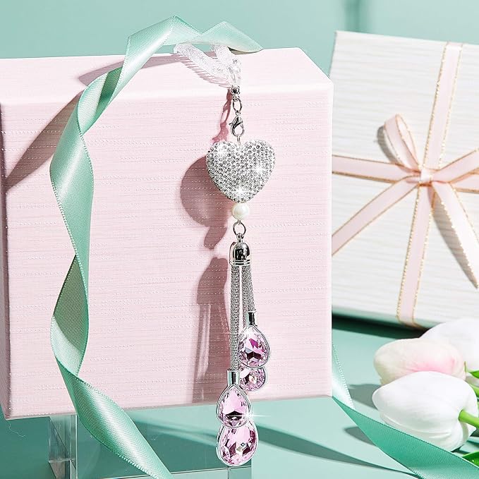 Frienda Bling Car Rear View Mirror Accessories for Women Gift Cute Heart Crystal Hanging Charm Diamond Decoration Lucky Interior Ornament Pendant(9.8 Inch,Pink)