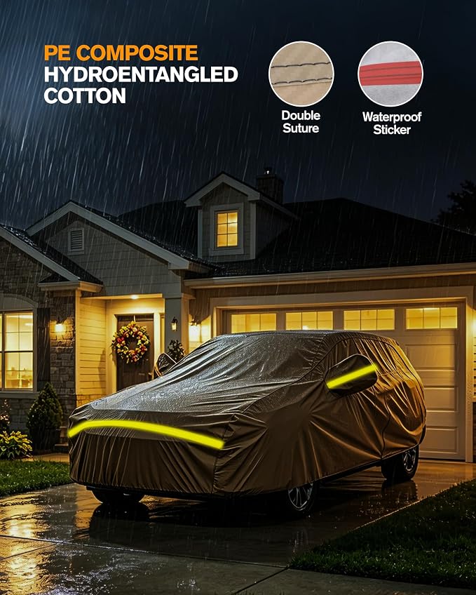 Car Cover Waterproof All Weather, 6 Layers Full Exterior Covers with Zipper Cotton, Mirror Pocket. Outdoor Car Cover UV Snow Rain Wind Dust All Weather Outdoor Protection for SUV (185-190 inch)