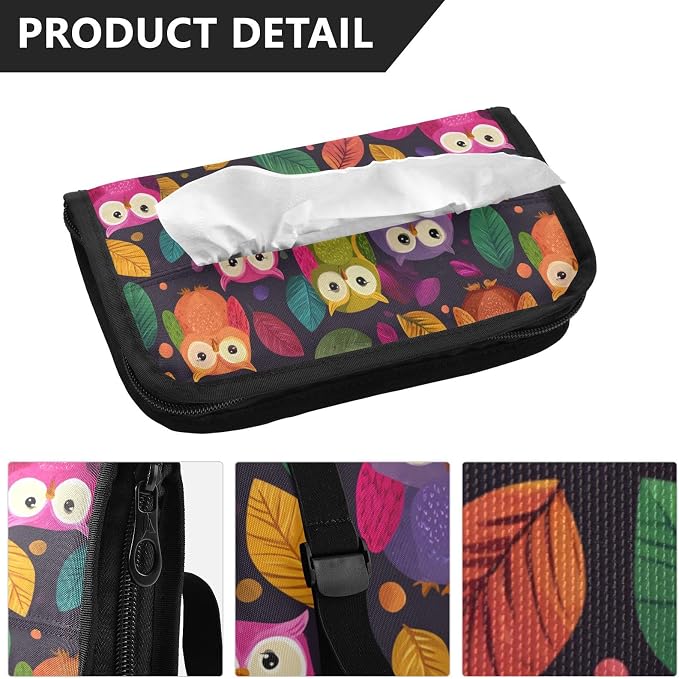 Car Tissue Holder Car Napkin Holder Car Tissue Box Dispenser Storage Case Sun Visor Mask Holder with Adjustable Straps Reusable Refillable Black Owl and Leaves