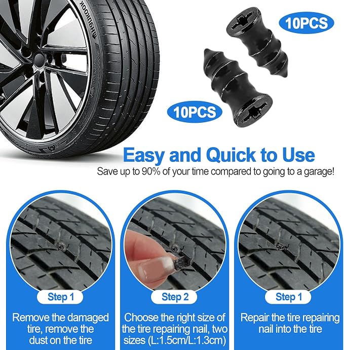 Tire Plug Kit, 95 PCS Tubeless Tire Repair Kit with Heavy-Duty Metal T-Handle Tools, Repair Strips, Screw-in Repair Plugs, Valve Core Tool, Caps & Storage Case for Car SUV Motorcycle ATV