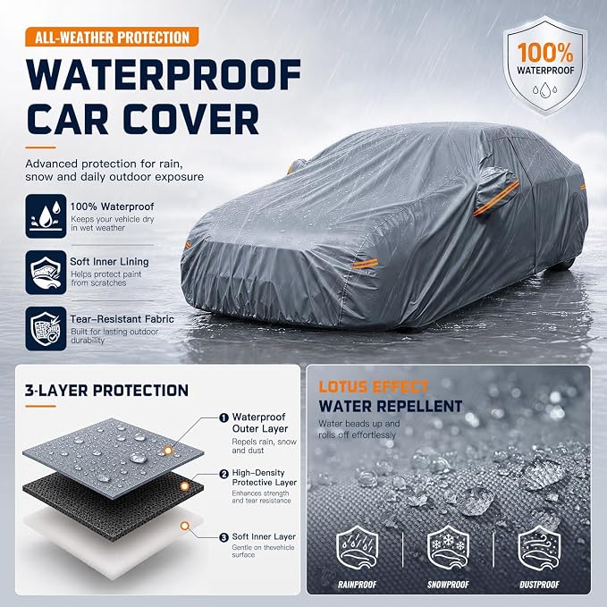 Large Car Cover Waterproof All-Weather,Outdoor Full Exterior Covers Custom Fit for Thunderbird,Impala,Town,Cutlass,Cadillac DeVille,Bel Air,Caprice,etc,Size C6(See Size Chart)