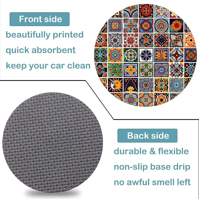 Car Cup Holder Coasters, 2 Pack – 2.75" Universal Auto Anti-Slip Insert Coaster, Rubber Car Coasters, Personalized Car Accessories for Women & Men (Mexican Tiles)