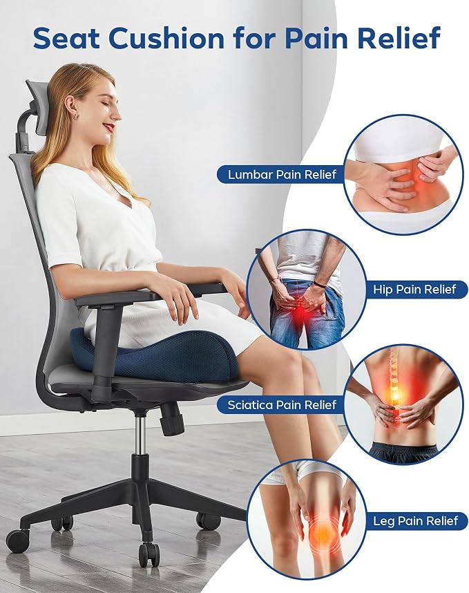 Feagar Seat Cushion for Office Chair - Memory Foam Tailbone Cushion for Desk Chair, Car Seat and Wheelchair - Ergonomic Chair Pad for Hip and Lower Back Comfort - Washable Mesh Cover Blue | Seat Cushion for Tailbone Pain Relief - for Desk Chair, Car& W...