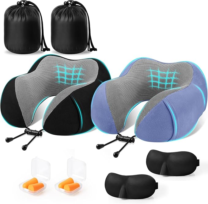 CloudBliss Travel Pillows for Airplane, 2 Pack Memory Foam Neck Pillow for Travel, Airplane Pillow for Long Flight, Car & Office Use, Plane Accessories with Eye Mask, Earplugs, Carry Bag, Black & Blue