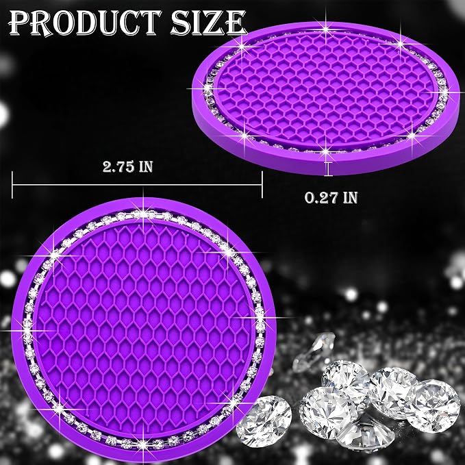 2PCS Bling Cup Holder Coaster, 2.75 Inch Auto Car Cup Holder Insert Coasters, Soft Silicone Anti-Slip Shockproof, Universal Vehicle Interior Accessories for Women Girls (Purple & White)