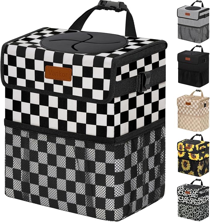 Vankor Car Trash Can Bin with Lid Hanging for Back Seat, Car Accessories for Women Men Leak Proof Automotive Garbage Cans Leakproof Vehicle Trash Can for Truck SUV,Black White Checkered