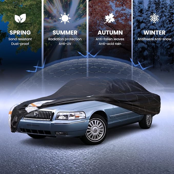 Multi-Layer Car Cover Custom Fit for Mercury(Grand) Marqui(1983-2011), 100% Waterproof All Weather for Automobiles, Gift with Towel, Heavy Duty Car Covers for Rain Sun UV Protection with Door Zipper.