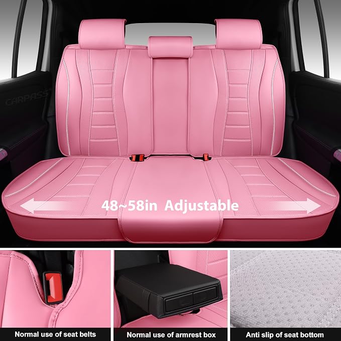 CAR PASS Nappa Leather Car Seat Covers Full Set, Pink Seat Covers, 3D Foam | Luxury Waterproof Universal FIT Piping Leather Car seat Cover Full Set, 3D Foam Breath Perforated leather seat covers