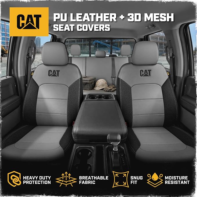 CAT Leather Seat Covers Full Set for Full-Size Pickup Trucks Only - Gray | Front Bucket Seat Covers & 60/40 Split Rear Bench Protector – Interior Accessories For F-150, Silverado, Ram, Sierra & Tundra