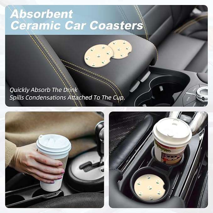 Cute White Flower Car Coasters for Cup Holders,2 Pack Car Cup Holder Coasters for Car,Ceramic Absorbent Car Coaster with A Finger Notch and Cork Base,Car Interior Accessories for Women Men