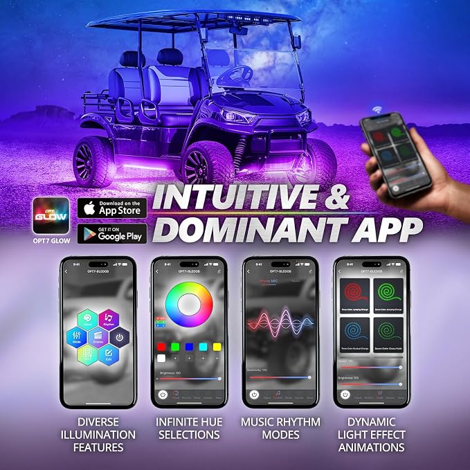OPT7 Aura Pro RGB Aluminum Golf Cart Underglow with App & Remote, 12V | Waterproof Rigid LED Bar, Multicolor Music Sync Lighting, Neon Accent Lights, Outdoor Decoration for EZGO Yamaha Club Car