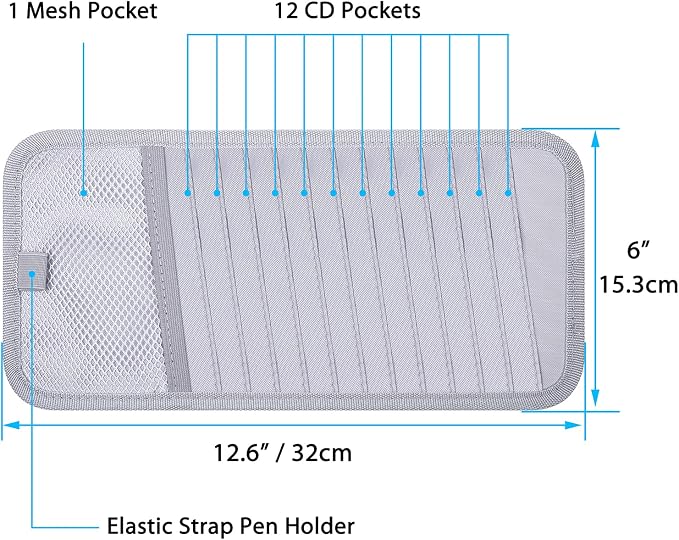Car CD Case Holder, Wisdompro Vehicle Sun Visor Organizer for Cars with 12 DVD Storage Sleeves, 1 Mesh Pocket, 1 Pen Holder and Elastic Strap, Gray