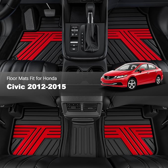 Rubber Floor Mats for Honda Civic Sedan 2012-2015 (Not for Coupe) | All Weather Heavy Duty Car Mats Fit for Civic, 1st & 2nd Row, Black & Red