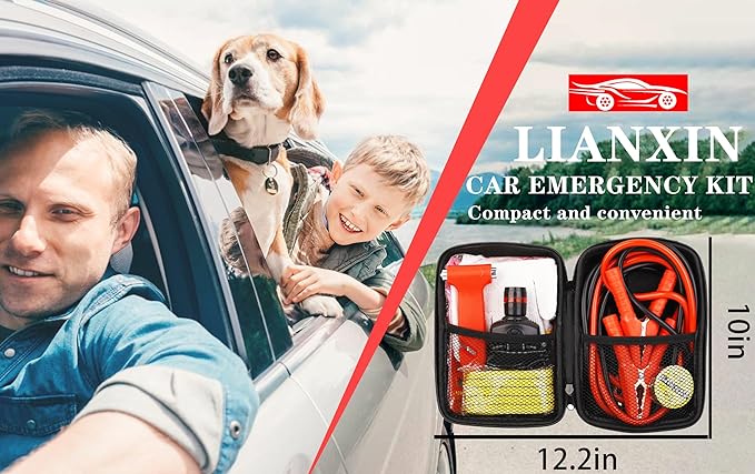 LIANXIN Car Roadside Emergency Kit,with Jumper Cables Car Safety Kits | Emergency Car Kit Tow Straps Headlamp Jumping Cables Safety Hammers Gloves, Breakdowns Gifts for New Drivers
