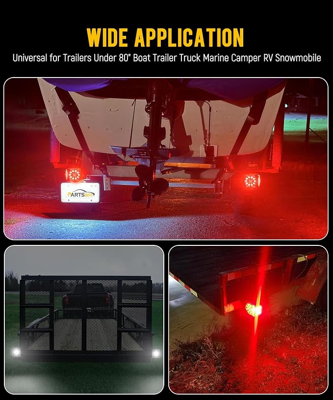 Partsam 12V Submersible Square Led Trailer Lights, Red White LED Stop Turn Tail Reverse Backup License Side Marker Running Light Lamp for Trailers Under 80", Truck, IP68, Black Clear Lens