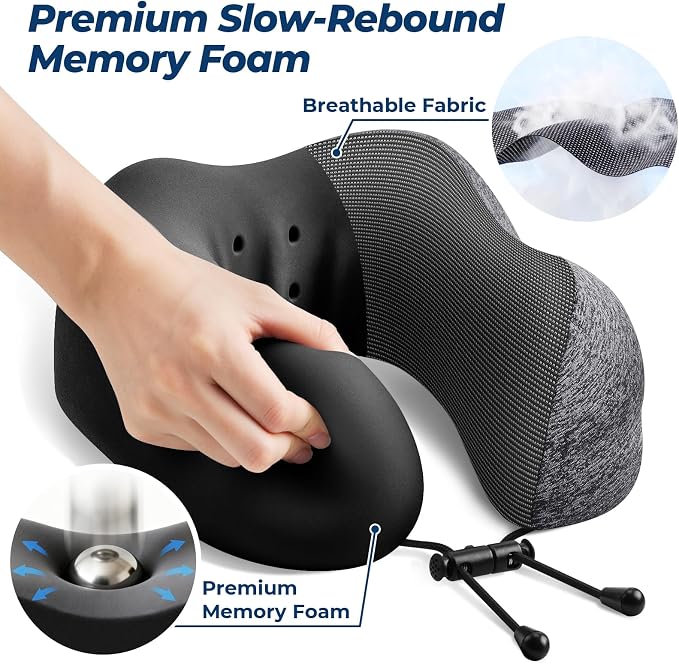 ExploreBliss Travel Pillow, 2 Pack Travel Pillows for Sleeping Airplane, Neck Pillow Airplane, Memory Foam Neck Pillow Set with Eye Mask, Earplugs and Storage Bag -Grey & Pink