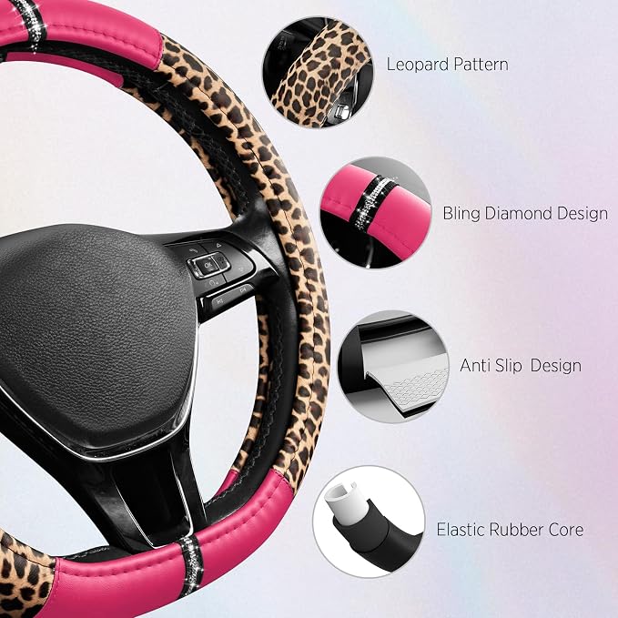 Road Comforts Leopard Steering Wheel Cover for Women, Cute Anti-Slip Microfiber Leather, Fits D Shape Flat Bottom Steering Wheel 14.5-15 Inch - HotPink