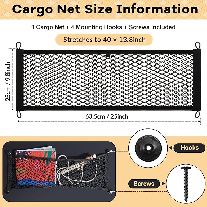 Frienda 4 Pcs 25 x 9.8 Inches Stretchable Small Cargo Net Pocket Boat Storage Mesh Net Elastic Automotive Storage Pouch with Mounting Screws and Hooks for Truck Car SUV Boats