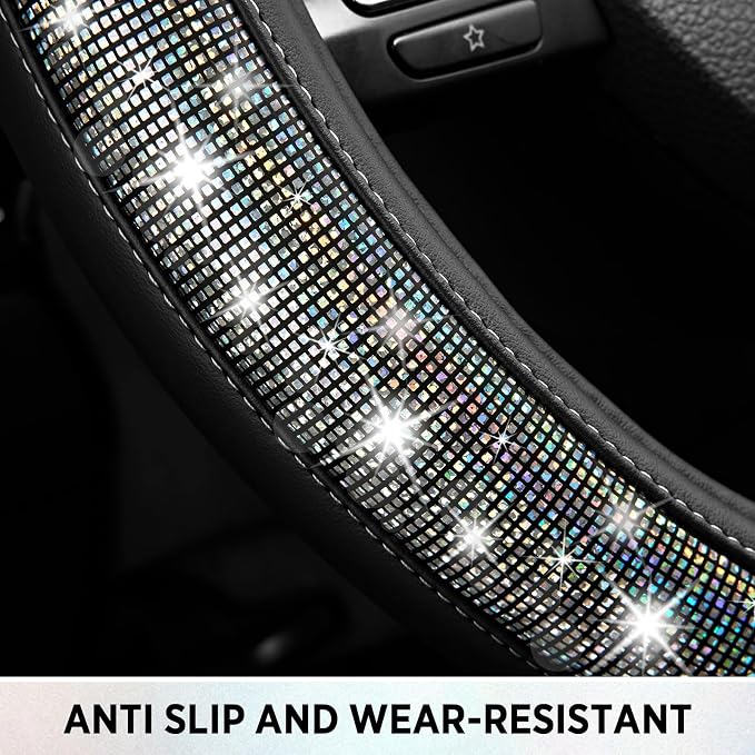 Road Comforts Pixel Glitter Steering Wheel Cover, 14.5–15 Inch Leather Steering Wheels Snug Fit, Anti-Slip Leather Grip, Elegant Sparkle Design, Universal Fit - Black