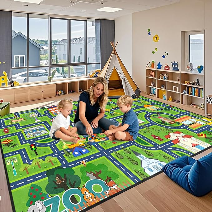 Large City Road Map Carpet for Playroom, Kids Play Mat Car Rug 6x8 Feet, Non Slip Floor Area Mat with Zoo Airport Pizza Shop, Educational Traffic Track Rug for Boys Girls Bedroom