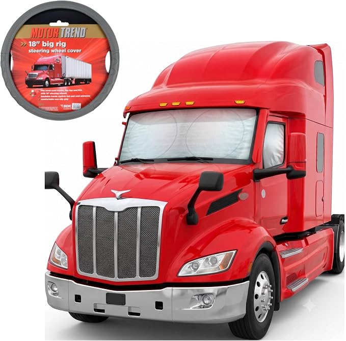 BDK Motor Trend Semi Truck Steering Wheel Cover & Windshield Sunshade Bundle – 18" Leather Steering Wheel Cover with Wrap Around Privacy Windshield Sun Shade for Big Rigs & Commercial Trucks