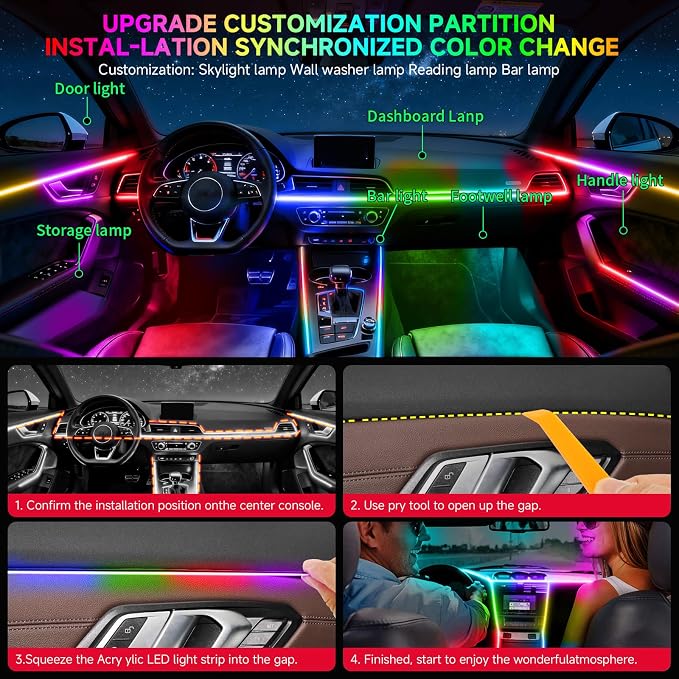 DREAMOTOR Interior Car LED Strip Lights, Acrylic LEDs Lights for Car with Dynamic Dreamcolor Chasing, Ambient Lighting Kits Music Sync Wireless APP and RF Remote Control (55.12inch*2)