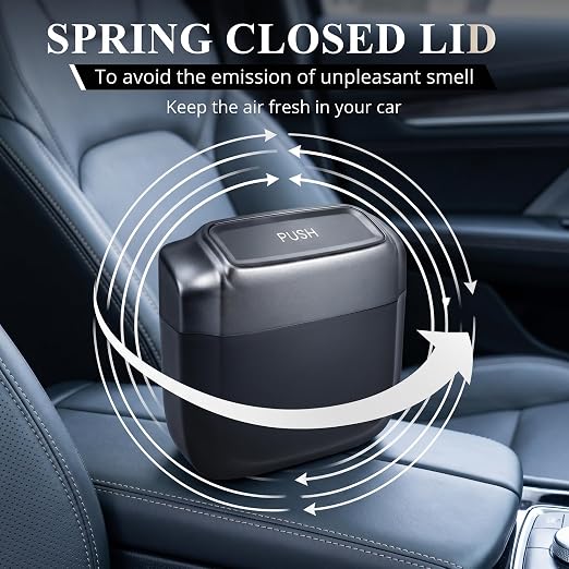 Car Trash Can with Lid, Mini Portable Hanging Clutter Canister with Trash Bags, Waterproof Leakproof Push-Button Storage Bucket, Universal Interior Accessories for Cars Trucks SUVs (Black)