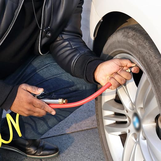 Bayonet Style Tire Inflator Gauge, with Heavy Duty Straight Head Air Chuck and 12" Hose - 10 to 90 PSI