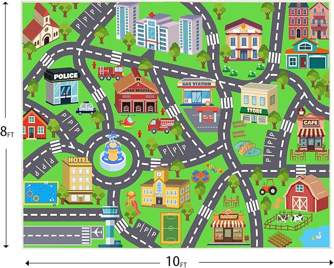 Kids Rugs for Playroom - Soft & Non-Slip 8x10 Feet Town City Map Road Rug Cars Play Mat, Childrens Road Carpet Washable Rug for Classroom Nursery Bedroom Boys