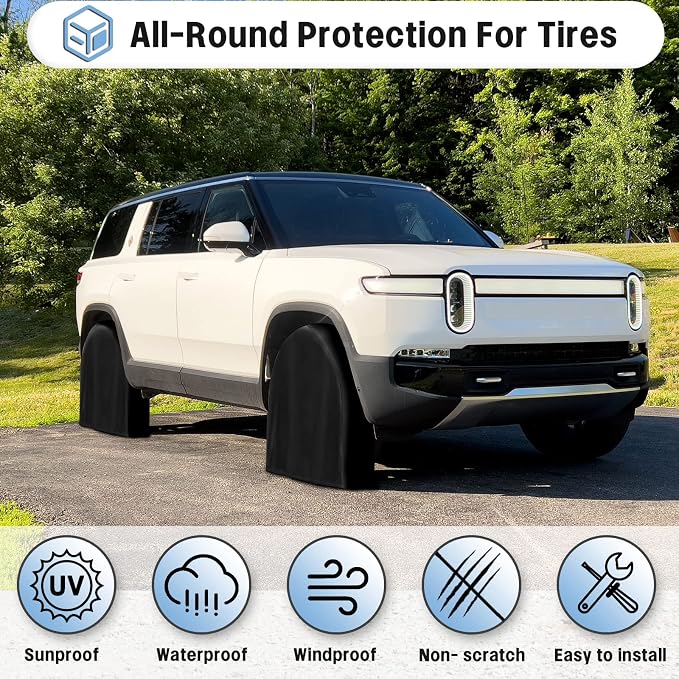 OutdoorLines Waterproof Tire Covers Set of 4 | UV Proof Trailer Wheel Cover for RV Jeep Trailer Camper Van Truck, Universal Tire Covering Fits Diameters 33"-35", Black