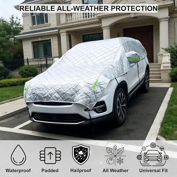 Padded Half Car Cover Hail Protector Universal Hatchback Sedan SUV | Heavy Duty Vechile Shield with Cotton Padding All-Season Protection Against UV, Heat, Hail, Snow, Ice & Dust Outdoor Parking
