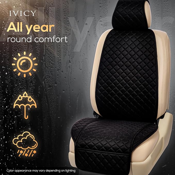 IVICY Faux Linen Front Car Seat Cover – Non-Slip Bucket Seat Protector for Most Cars, SUVs, Vans & Trucks – 1 Seat Cover, Machine Washable, Side-Airbag Friendly, Black