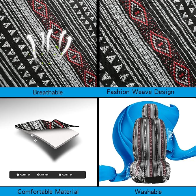 Baja Saddle Blanket Car Seat Covers 4PCS Front, Breathable Washable Striped Woven Automotive Vehicle Seat Cover, Universal Boho Seat Cover for Sedan, SUV, Truck, Airbag Compatible