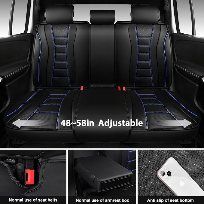 CAR PASS Nappa Leather Seat Covers, Universal FIT Piping Leather Car Seat Cover Full Set for Cars,SUV,Truck 3D Foam Waterproof Leather Seat Covers 5 Luxury Comfy Durable Airbag Compatible Black Blue
