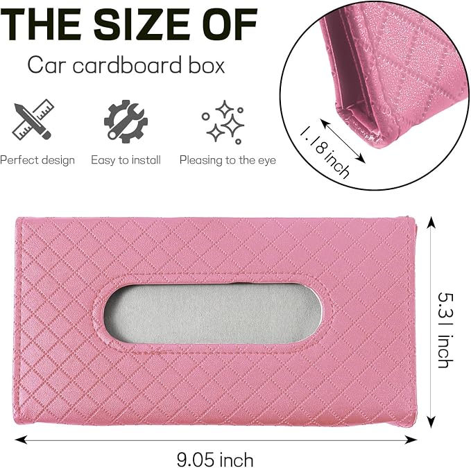 Car Tissue Holder, Leather Tissue Holder for Car Sun Visor, Rectangular Auto Sun Visor Napkin Holder Mask Dispenser, Universal Vehicle Tissue Box Sun Visor Accessory (Plaid-Pink)