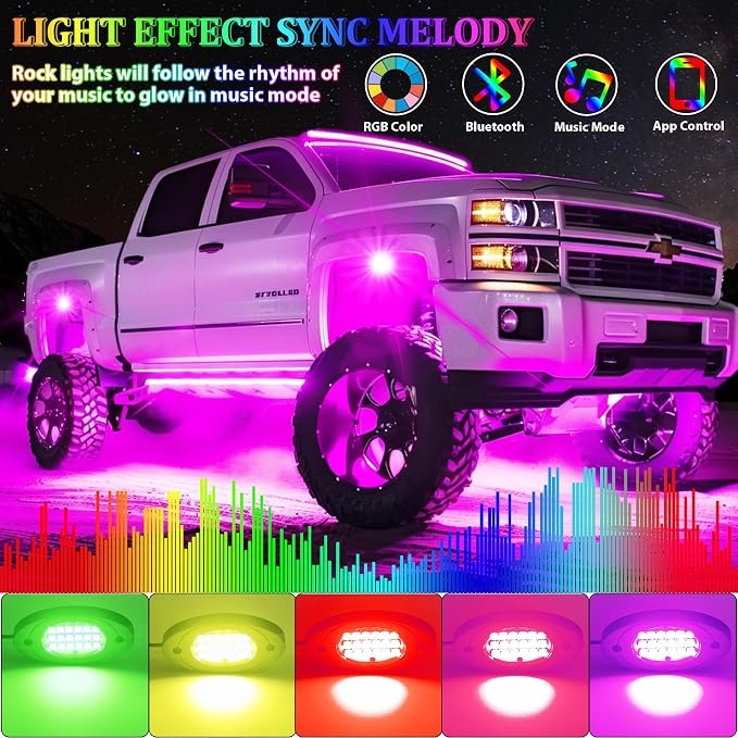 8 Pods RGB LED Rock Lights, Underglow Multicolor Neon Light Kit Wheel Well Light with APP Control & Music Mode, Under Glow Lights for Trucks,Jeep,SUV,Golf Cart,ATV,Pickup Off Road,12 V