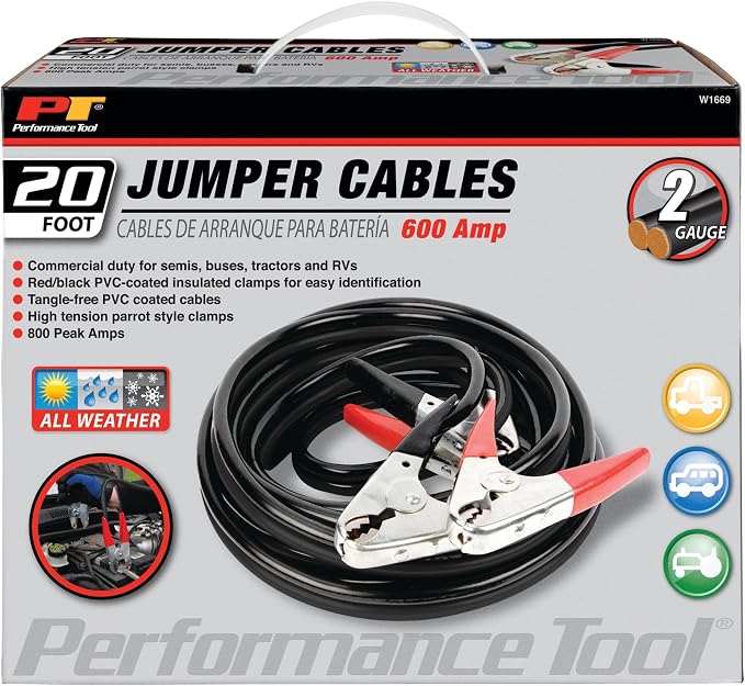 Performance Tool W1669 20' Commercial Duty 2-Gauge 800 PEAK AMP All Weather Jumper Cables for Tractors, Semis, Buses, and RVs