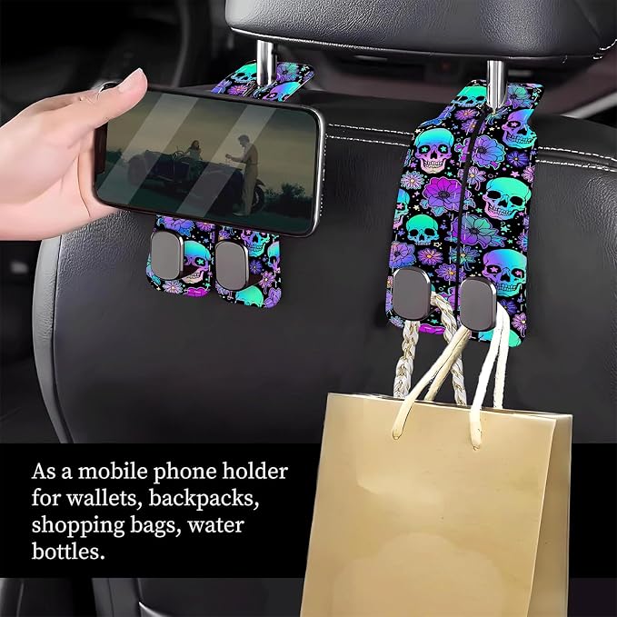 Car Seat Headrest Hook, Universal Leather Cute Hanger Holder Hook, Storage Organizer Interior Accessories for Purse Bags Handbag Purple Cute Skulls