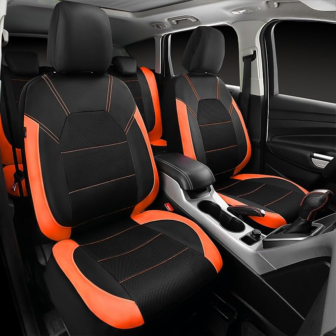 CAR PASS Leather Seat Covers, Breathable Universal Car Seat Cover Full Set for Cute Women Girly,5mm Composite Sponge Inside,Airbag Compatible Fits Most Auto,SUVs,Trucks,Vans(Full Set,Black&Orange)
