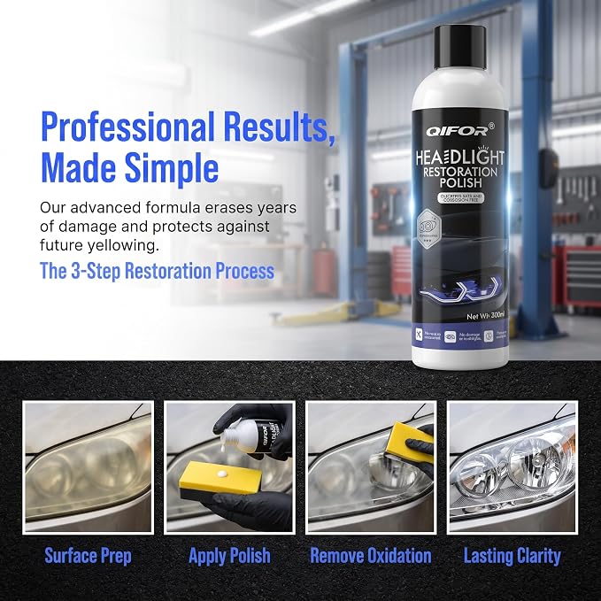 QIFOR Automotive Headlight Restoration Kit - Restore Oxidized Yellowed Headlamps with Enhanced Crystalline Coating Refurbisher - Improve Night Visibility, Anti-UV & Anti-Yellowing