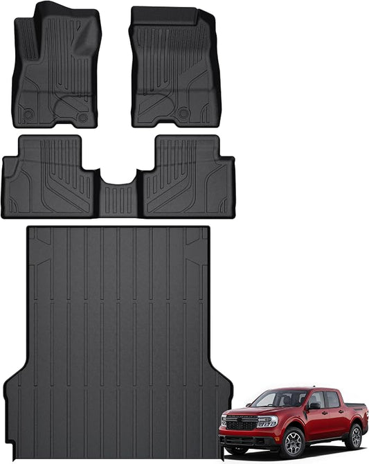 KARPAL Floor Mats for 2022-2025 2026 Ford Maverick Hybrid (Not Fit Gas) | All Weather TPE Custom Fit Ford Maverick Hybrid Accessories 1st&2nd Row Floor Liner & Bed Mat Full Sets