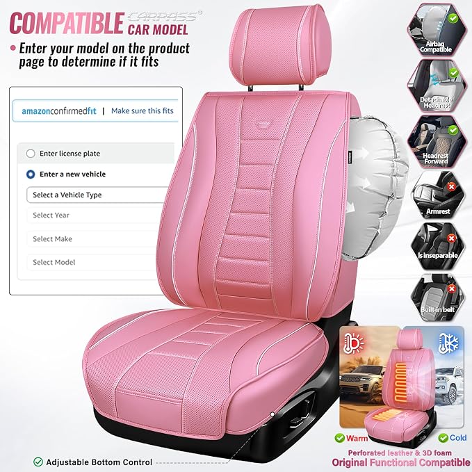 CAR PASS Nappa Leather Car Seat Covers Full Set, Pink Seat Covers, 3D Foam | Luxury Waterproof Universal FIT Piping Leather Car seat Cover Full Set, 3D Foam Breath Perforated leather seat covers