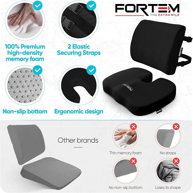 FORTEM Seat Cushion, Office Chair Cushion, Lumbar Support Pillow for Office Chair, Memory Foam Car Seat Cushions, Sciatica Coccyx Tailbone Pain Relief, Cushions for Back Support, Washable, Non Slip XL