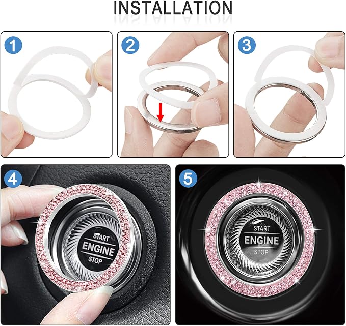 WINKA 2pcs Bling Car Engine Start Button Cover Diamond Crystal Push Start Stop Button Ring Sparkly Bling Ignition Button Cover Rhinestone Keyless Ignition Ring Universal Car Accessories (Pink)