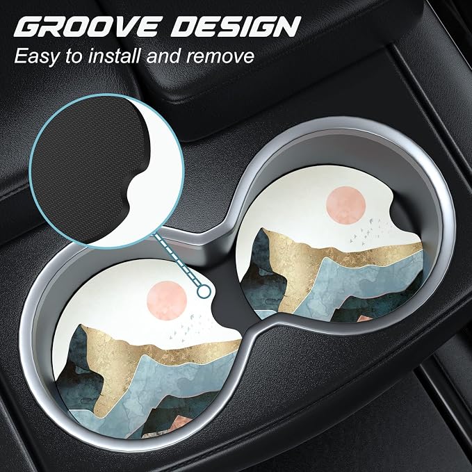 Aiawoxc Car Cup Holder Coasters, 2 Pack Universal Auto Anti Slip Insert Coaster with A Finger Notch, Cute Car Assecories for Women Men, Cup Mat for Most Interior, Watercolor Sunrise