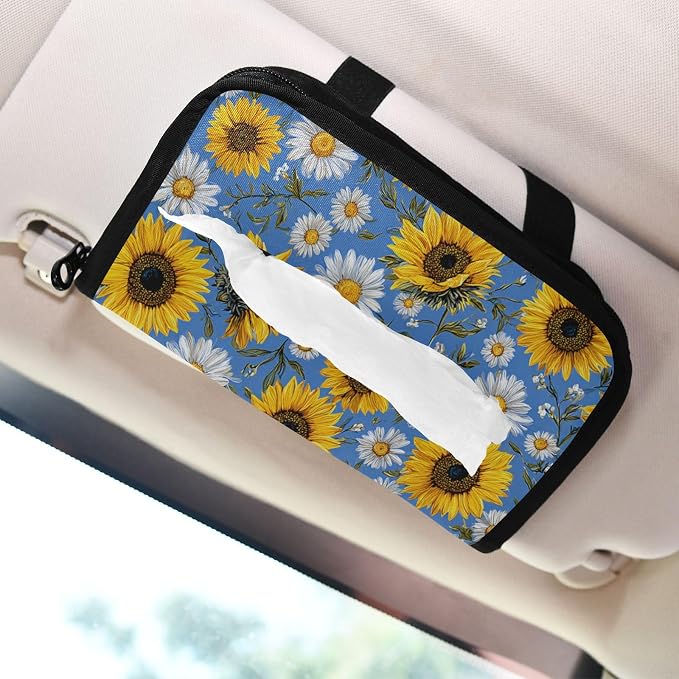 Car Visor Tissue Holder Mask Holder for Car, Car Tissue Box Sun Visor Napkin Holder Car Visor Accessories Adjustable Straps Reusable Durable Easy to Install Sunflower Daisy Leaves Blue